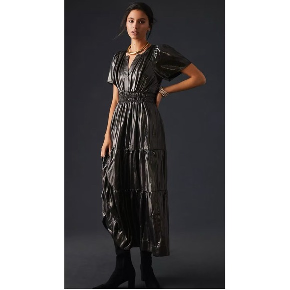 Anthropologie Dresses & Skirts - ANTHROPOLOGIE  The Somerset Maxi Dress Foil Carbon Metallic Gown Tiered, Size XS
